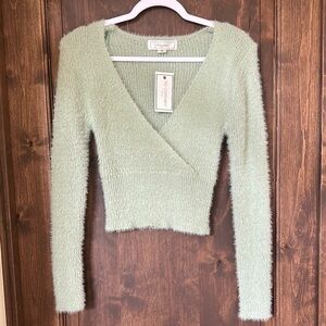 Light Green Fuzzy V-Neck Sweater